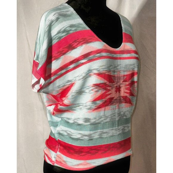 Southwest Design Sweater, Batwing, V-Neck, Orange and Green, Large - Picture 3 of 8